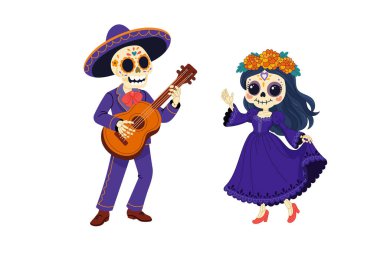 Geleneksel Meksika kıyafetleriyle Dia de los Muertos 'u müzik ve dansla kutlayan neşeli karikatür iskeleti çifti..