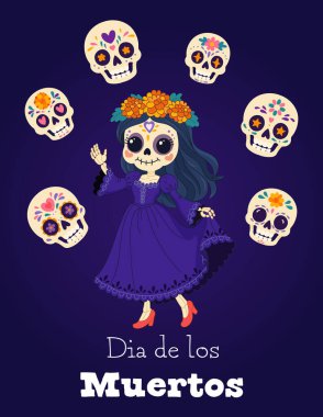 Üzerinde kadife çiçekleri ve üzerinde yüzen şeker kafatasları olan mor bir elbise giyen dans eden iskelet kızın renkli bir çizimi..