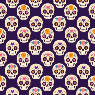 Renkli şeker kafatasları ile arka planda tekrarlanan kalpler, yıldızlar ve çiçekler, Dia de los Muertos projeleri için ideal.