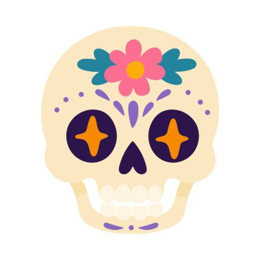 Dia de los Muertos geleneklerinden esinlenerek pembe bir çiçek ve yıldız şeklinde öğrencilerle süslenmiş şeker bir kafatasının vektör çizimi.