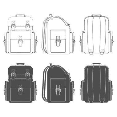 Sırt çantalı siyah beyaz çizimler. Beyaz üzerine izole vektör nesneleri.