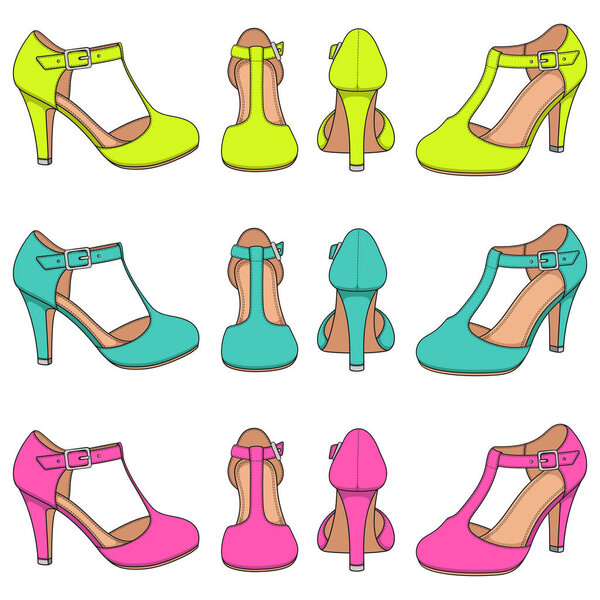 Set of color illustrations with bright female shoes with clasp on the heel. Isolated vector objects on white background.