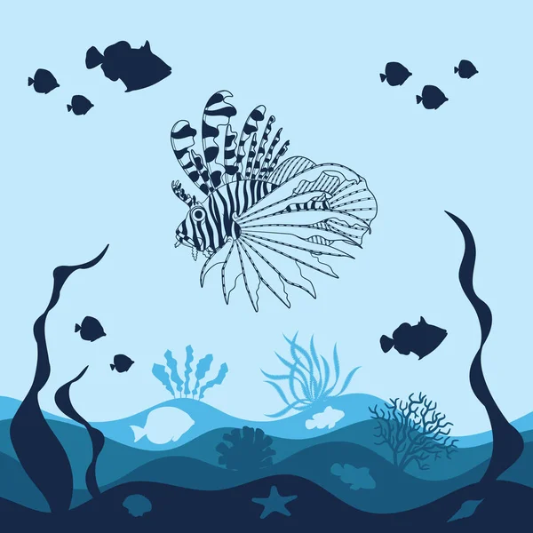 Mořské Pozadí Lvy Rybami Korály Izolované Vektorové Objekty — Stockový vektor