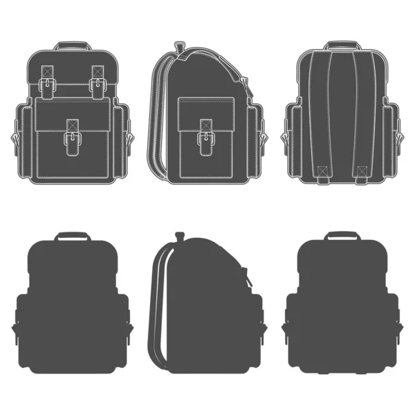 Set Black White Illustrations Backpack Isolated Vector Objects White — Stock Vector