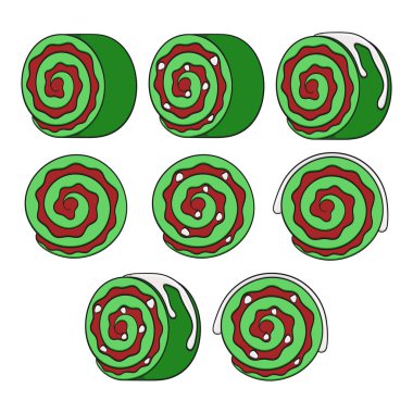 Renkli yeşil ve kırmızı noel rulosu çizimleri. Beyaz arkaplandaki izole vektör nesneleri.