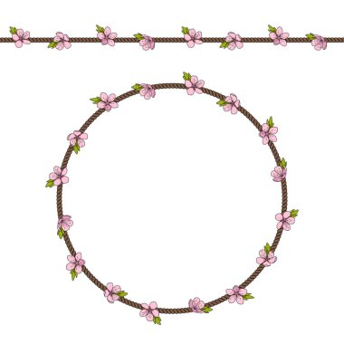 Seamless pattern with net of the cord and pink spring flowers. Colored vector background with objects on white.