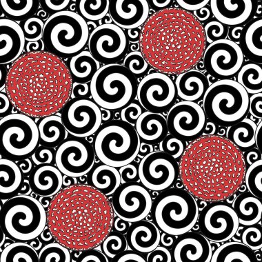 Seamless pattern with black and white swirls and caps of fly agaric mushroom. Color vector background.