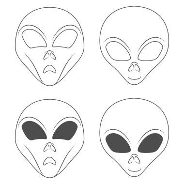 Uzaylı yüzlü siyah beyaz çizimler. Beyaz arkaplandaki izole vektör nesnesi.