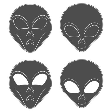 Uzaylı yüzlü siyah beyaz çizimler. Beyaz arkaplandaki izole vektör nesnesi.