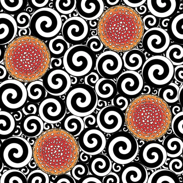 黒と白の渦巻きとフライアグリキノコのキャップとシームレスなパターン カラーベクトル背景 — ストックベクタ