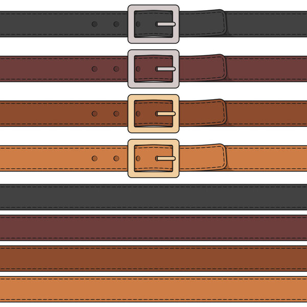 Set of color illustration of leather belt with buckle. Isolated vector object on white background.