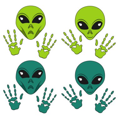 Uzaylı yüzlü ve elleri olan bir renk çizimi. Beyaz arkaplandaki izole vektör nesnesi.