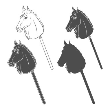 Set of black and white illustrations with hobby horse toy on stick. Isolated vector objects on white background. clipart