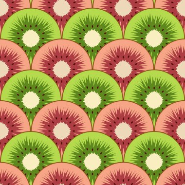 Kesik yeşil ve kırmızı kivi meyveli pürüzsüz desen. Vektör renkli arkaplan.