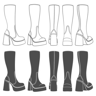Siyah beyaz retro kadın çizmeleri. Beyaz arkaplandaki izole vektör nesneleri.