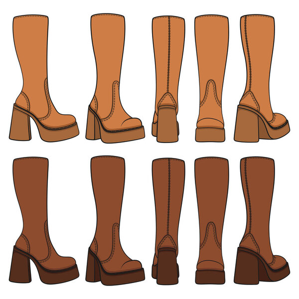 Set of colored retro women's boots. Isolated vector objects on white background.