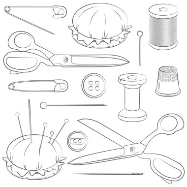 Dikiş malzemeleri olan siyah beyaz çizimler. Beyaz arkaplandaki izole vektör nesneleri.