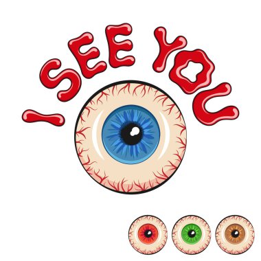 Üzerinde kanlı yazılar olan bir göz çizimi görüyorum. Beyaz arkaplandaki izole vektör nesnesi.