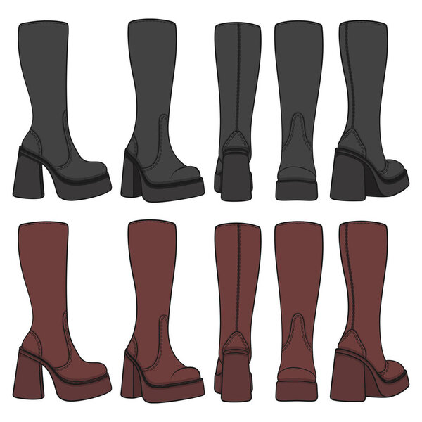 Set of colored retro boots. Isolated vector objects on white background.
