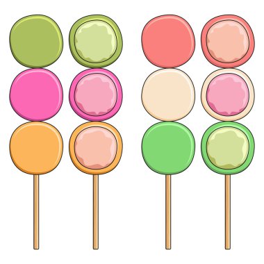 Japon pilavlı mochi çubuğu ile renkli çizimler. Beyaz arkaplandaki izole vektör nesnesi.