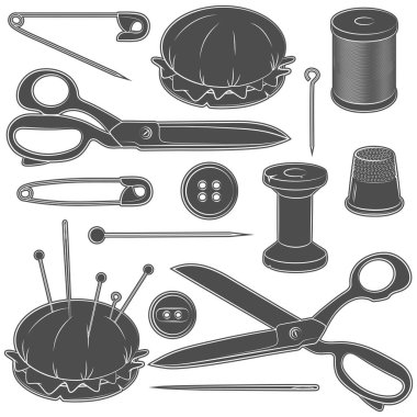 Dikiş malzemeleri olan siyah beyaz çizimler. Beyaz arkaplandaki izole vektör nesneleri.