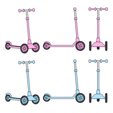 Üç tekerlekli scooterlı çocukların renk çizimleri. Beyaz arkaplandaki izole vektör nesnesi.