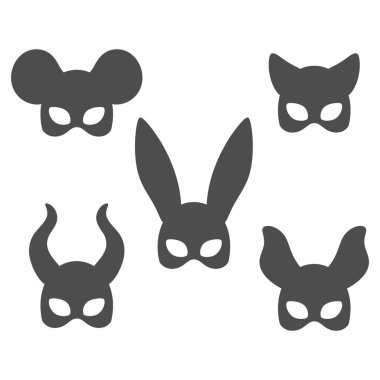 Tavşan, kedi, fare, boynuz kulaklı karnaval maskeleri. Beyaz arkaplandaki izole vektör nesneleri.