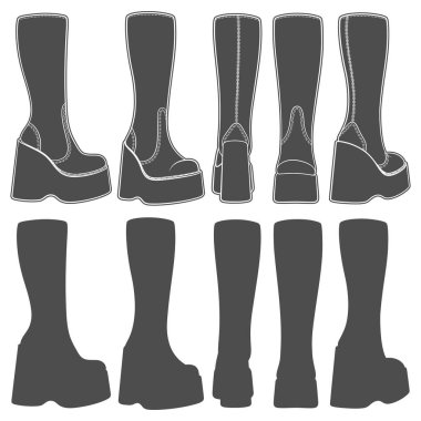 Siyah ve beyaz eski platform çizmeleri. Beyaz arkaplandaki izole vektör nesneleri.
