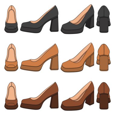 Kalın topuklu kadın ayakkabılı renkli çizimler. Beyaz arkaplandaki izole vektör nesneleri.
