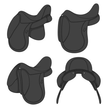 Siyah at eyerli renkli çizimler. Beyaz arkaplandaki izole vektör nesneleri.