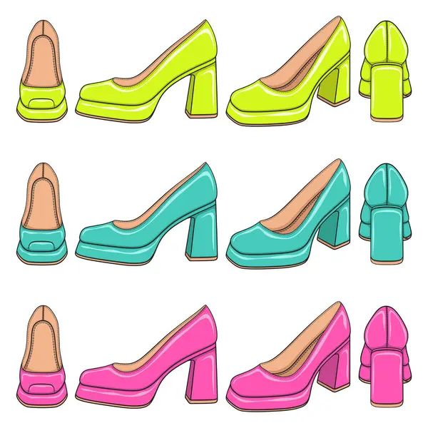 Kalın topuklu kadın ayakkabılı renkli çizimler. Beyaz arkaplandaki izole vektör nesneleri.