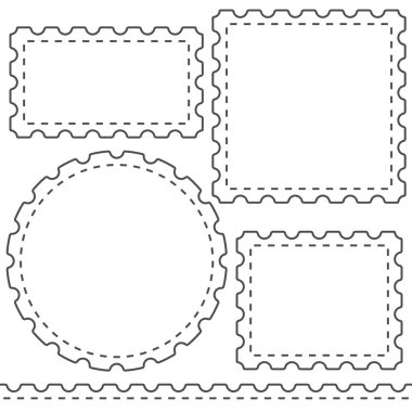 Posta pullu siyah beyaz çizimler. Beyaz arkaplandaki izole vektör nesneleri.
