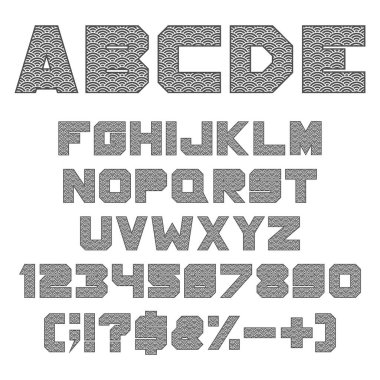 Yazı tipi, Çin balık pullu alfabe. Beyaz arkaplandaki izole vektör nesneleri.