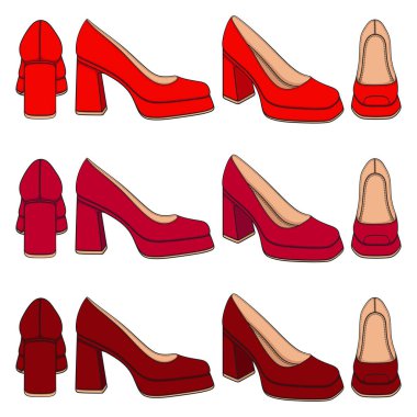 Kalın topuklu kırmızı kadın ayakkabılı renkli çizimler. Beyaz arkaplandaki izole vektör nesneleri.