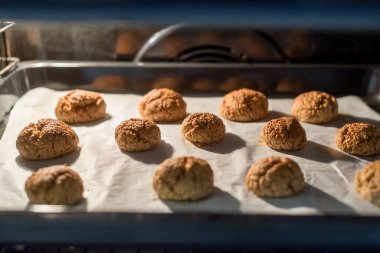 Kurabiyeler fırında pişiyor. Altın sarısı, parşömen üzerine yerleştirilmiş, eşit aralıklı. Fırın ışığı pişirme işlemini aydınlatıyor. İç raflar görünür. Sahne, taze pişmiş ikramlar beklentisini yakalar