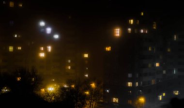 Sisli gece manzarası parlayan yüksek binaların camlarını ortaya çıkarıyor. Ön plandaki ağaçlar sisli ambiyansla harmanlanır. Işıklar birden fazla rengi yansıtıyor, kentsel sükuneti ve derinliği gösteriyor.