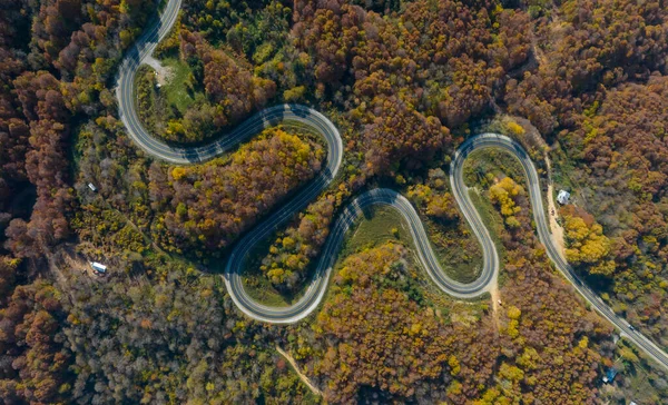 Doğanın güzel sonbahar renklerine sahip inegol domanik yolunun havadan görünüşü