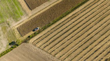 Çiftlik arazisi, çiftçiler tarım arazisinde traktörle çalışıyorlar.,