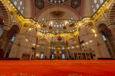 ISTANBUL, TURKEY - DECEMBER 03, 2022: Interior of the Suleiman Mosque ( Suleymaniye Camii) is a grand 16th-century mosque in Istanbul