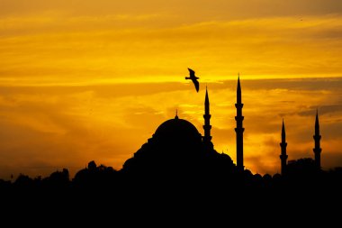 Silhouette of Suleymaniye Mosque at sunset. Golden sky and clouds.
