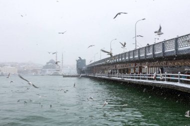 Karaky meydanında kar yağışı, martılar, galata köprüsü ve yeni cami.