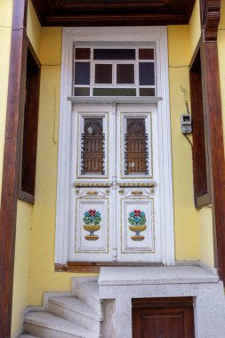 Edirne, Turkey - December 24, 2021 : Historical colorful houses in Edirne building view in Edirne City.