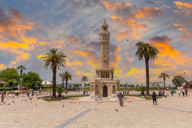 Izmir, Turkey - May 28, 2022 : Konak Square and Clock Tower view at sunset. Konak Square is populer tourist attraction in Izmir.