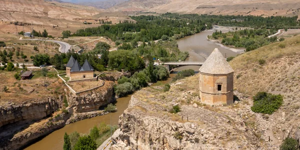 Kemah district city entrance. View of Sultan Melik Tomb and Karasu River.