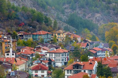 Dağlar ve ağaçlar arasında Mudurnu Tarihi eski beyaz küçük ahşap evler.