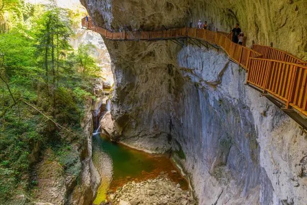 stock image Horma Canyon, Kure Mountains National Park, Kastamonu, Turkey. Wooden walking path.