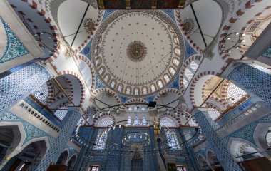 Interior of Rustem Pasa Mosque in Istanbul. Famous Rustem pasha mosque interior. Iznik blue tiles. Rustem Pasa Mosque most beautiful and classical clipart