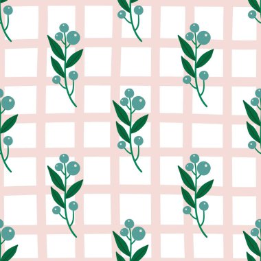 Kareli arka planda yaban mersinli dal. Süslü, pürüzsüz desen. 