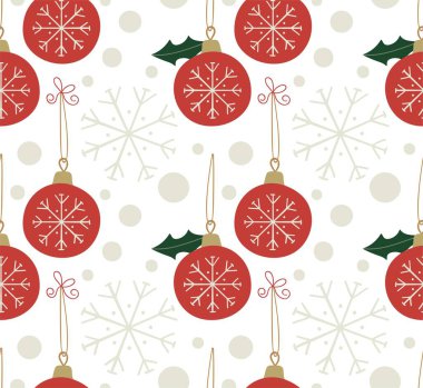 Mutlu Noeller! Şirin karalama elementleri olan parlak, pürüzsüz bir desen. Noel ağacı kırmızı takılar kar taneleri, kutsal ve noktalı. 