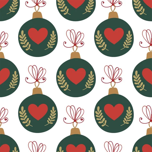 Hračky Vánoční Stromek Roztomilé Zelené Koule Červenými Srdci Zlatými Větvemi — Stockový vektor